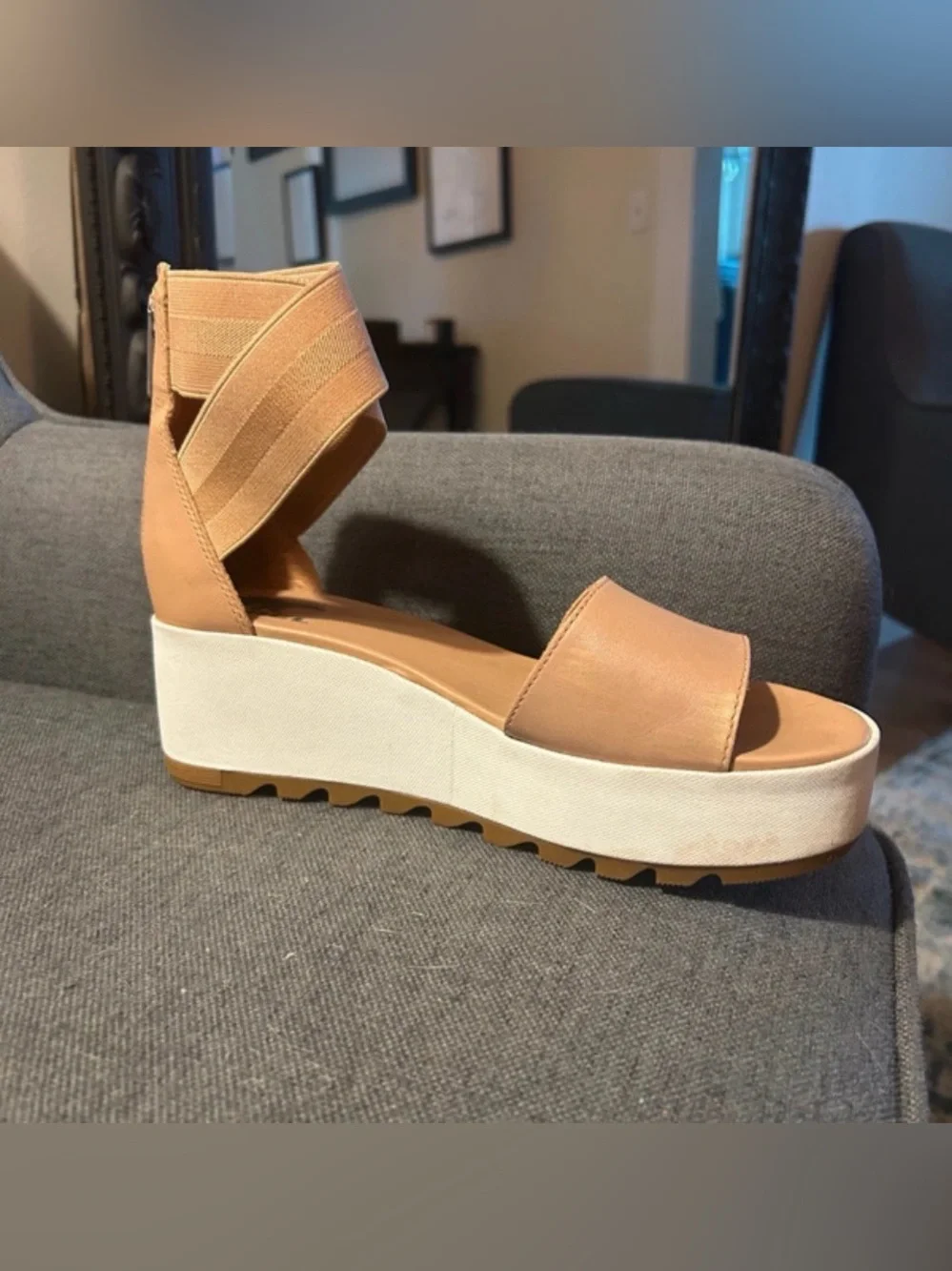 Sorel Cameron Tan Leather Elastic Ankle Strap Platform Wedge Sandal Size 8.5